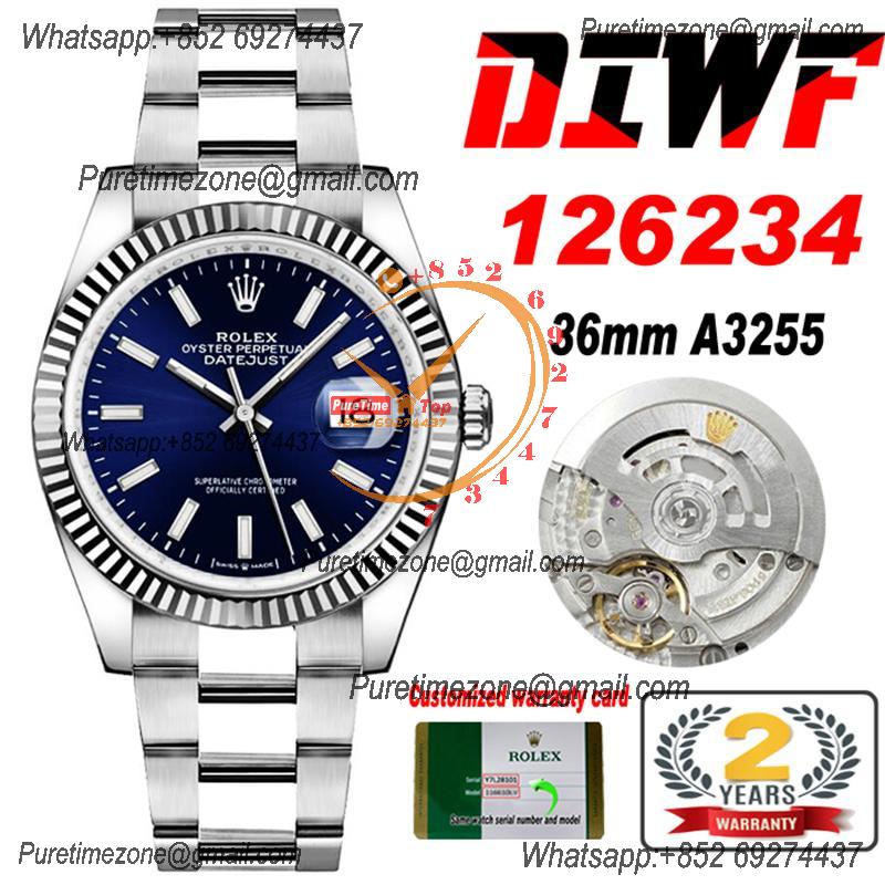 Datejust 36 126234 SA3235 Automatic Mens Watch Best Edition DIWF Blue Stick Dial 904L Oyster Steel Bracelet