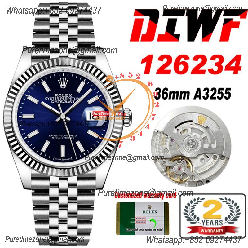 Datejust 36 126234 SA3235 Automatic Mens Watch Best Edition DIWF Blue Stick Dial 904L Jubilee Steel Bracelet