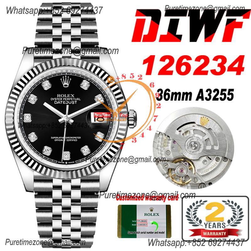 Datejust 36 126234 SA3235 Automatic Mens Watch Best Edition DIWF Black Diamonds Dial 904L Jubilee Steel Bracelet