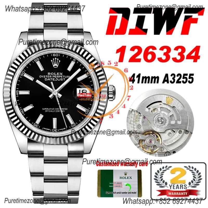 Datejust 41 126334 SA3235 Automatic Mens Watch Best Edition DIWF Black Stick Dial 904L SS Oyster Bracelet