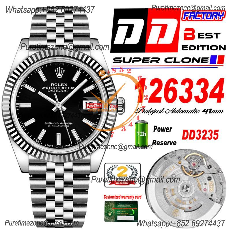 Datejust 41 126334 DD3235 Automatic Mens Watch Best Edition DDF Black Stick Dial 904L SS Jubilee Bracelet