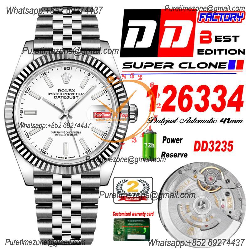 Datejust 41 126334 DD3235 Automatic Mens Watch Best Edition DDF White Stick Dial 904L SS Jubilee Bracelet