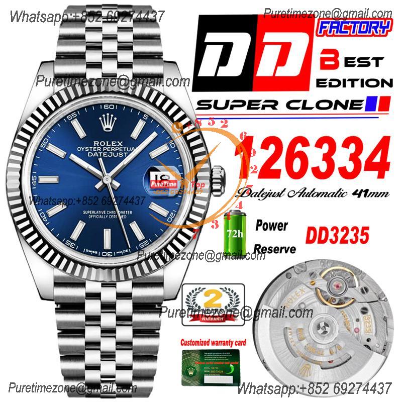 Datejust 41 126334 DD3235 Automatic Mens Watch Best Edition DDF Blue Stick Dial 904L SS Jubilee Bracelet