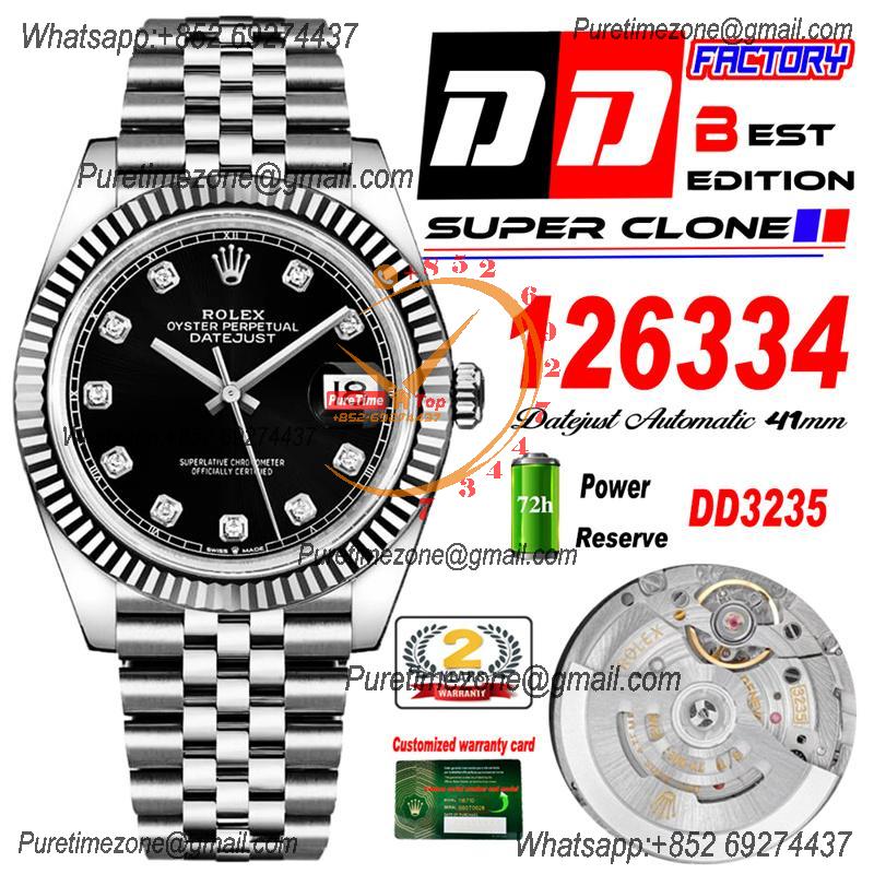 Datejust 41 126334 DD3235 Automatic Mens Watch Best Edition DDF Black Diamonds Dial 904L SS Jubilee Bracelet