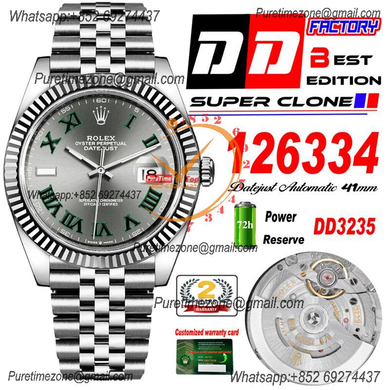 Datejust 41 126334 Wimbledon DD3235 Automatic Mens Watch Best Edition DDF Gray Roman Dial 904L SS Jubilee Bracelet