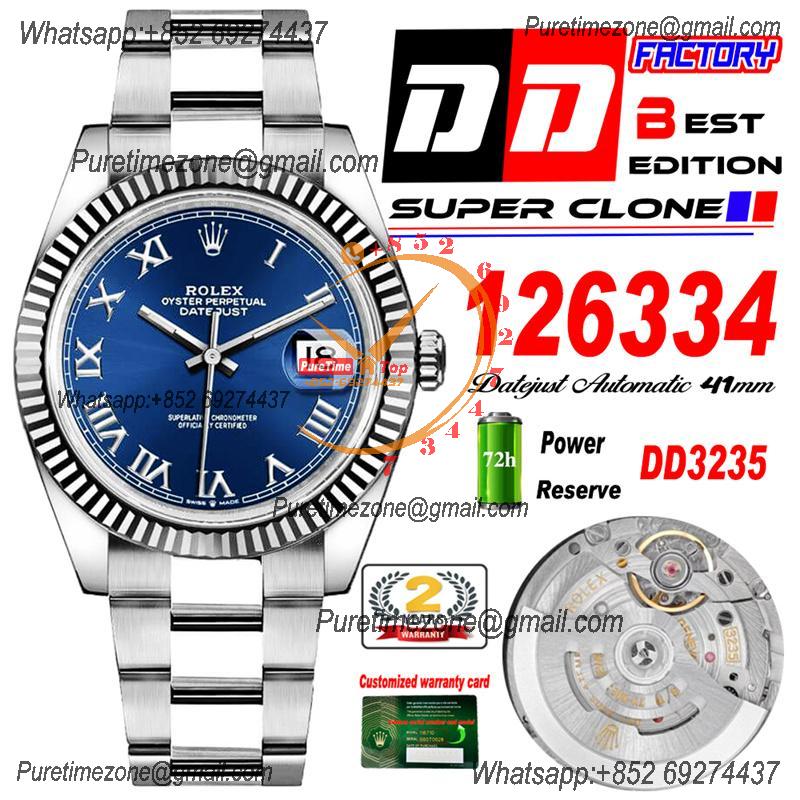 Datejust 41 126334 DD3235 Automatic Mens Watch Best Edition DDF Blue Roman Dial 904L SS Oyster Bracelet