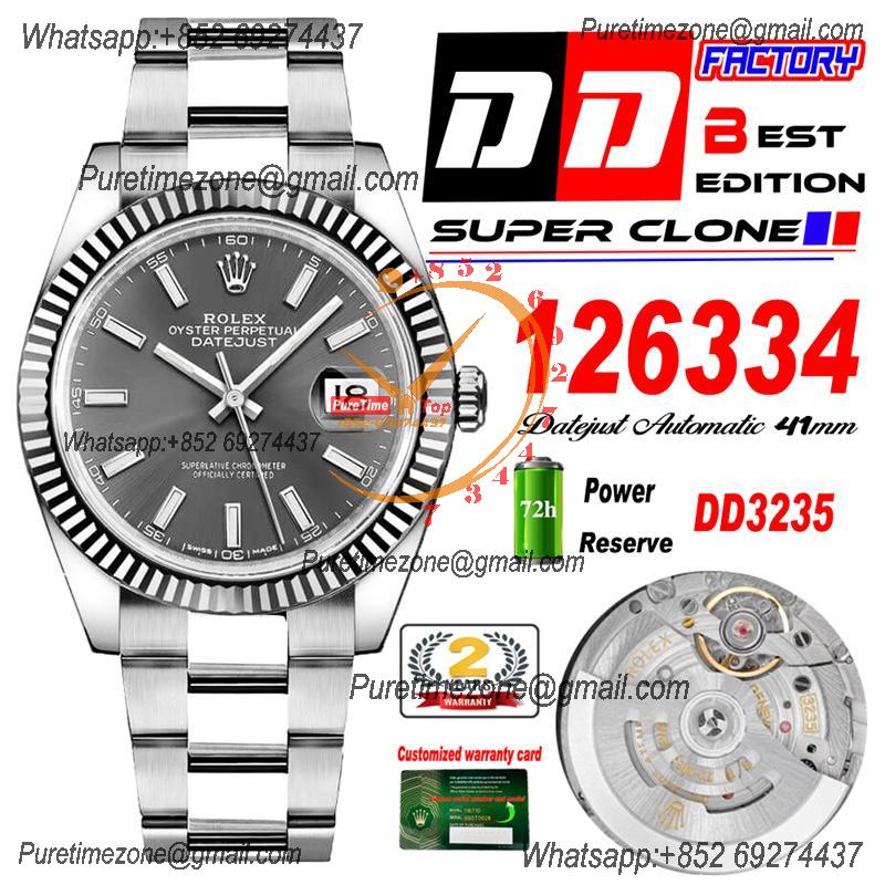 Datejust 41 126334 DD3235 Automatic Mens Watch Best Edition DDF Gray Stick Dial 904L SS Oyster Bracelet