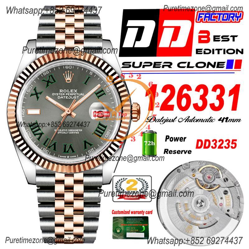 Datejust 41 126331 Wimbledon DD3235 Automatic Mens Watch Best Edition DDF SS/RG Gray Roman Dial 904L SS Jubilee Bracelet