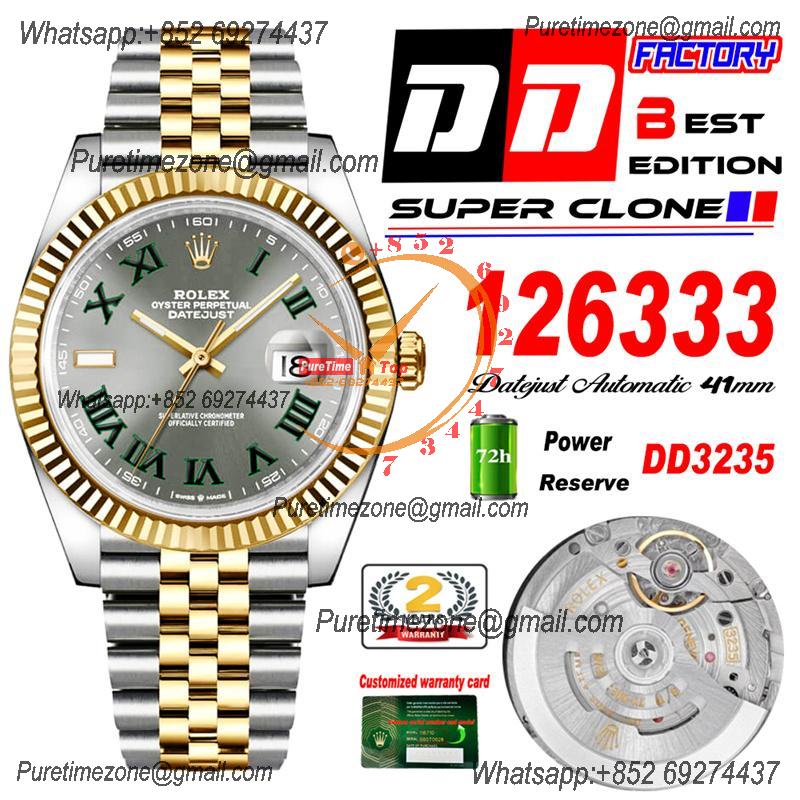 Datejust 41 126333 Wimbledon DD3235 Automatic Mens Watch Best Edition DDF SS/YG Gray Roman Dial 904L SS Jubilee Bracelet