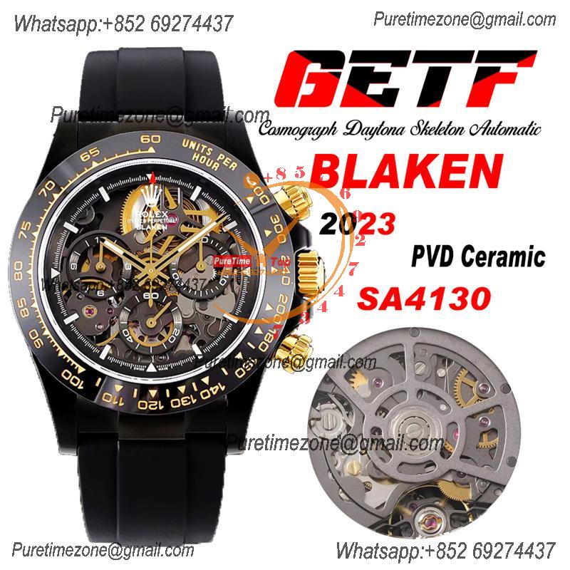 Daytona Blaken SA4130 Automatic Chronograph Mens Watch Best Edition GETF Ceramic Bezel Skeleton Gold Dial Black Rubber