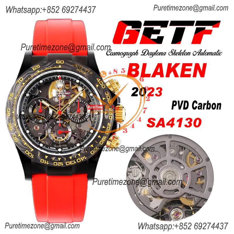 Daytona Blaken SA4130 Automatic Chronograph Mens Watch Best Edition GETF Carbon Bezel Skeleton Gold Dial Red Rubber