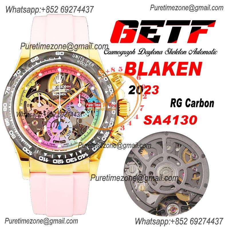 Daytona Blaken SA4130 Automatic Chronograph Mens Watch Best Edition GETF Carbon Bezel Skeleton Gold Dial Pink Rubber