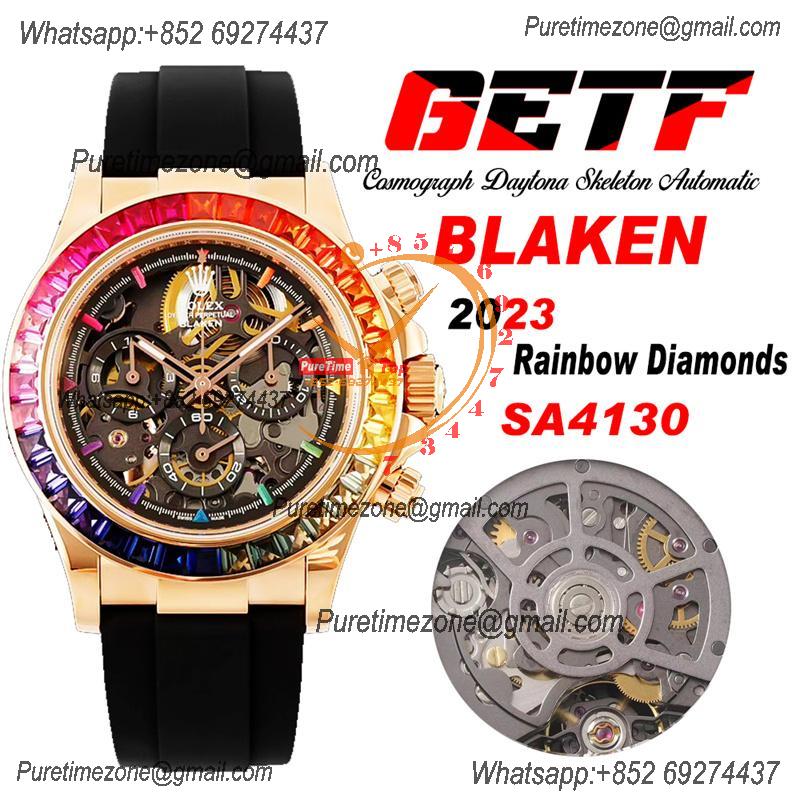 Daytona Blaken SA4130 Automatic Chronograph Mens Watch Best Edition GETF RG Rainbow Diamond Skeleton Dial Black Rubber