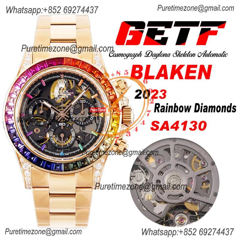 Daytona Blaken SA4130 Automatic Chrono Mens Watch Best Edition GETF RG Rainbow Diamond Skeleton Dial 904L SS Bracelet