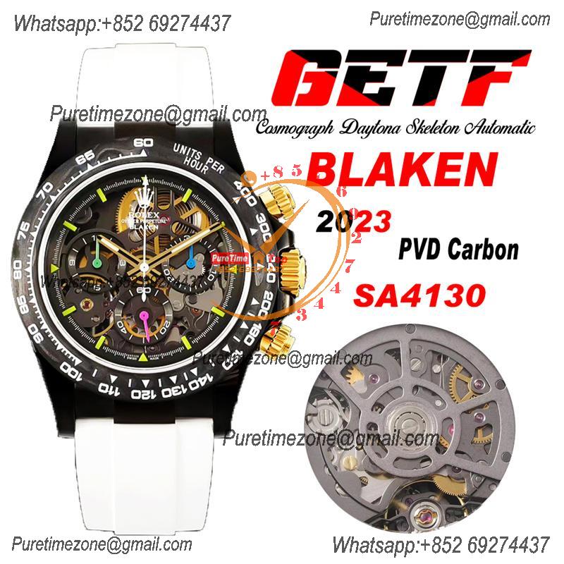 Daytona Blaken SA4130 Automatic Chronograph Mens Watch Best Edition GETF Carbon Bezel Skeleton Gold Dial White Rubber