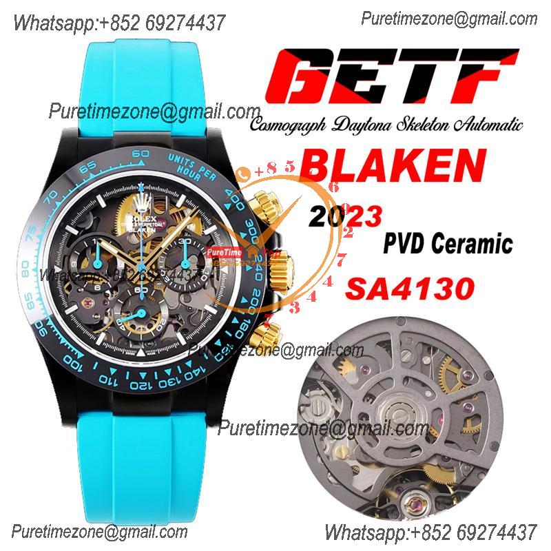 Daytona Blaken SA4130 Automatic Chronograph Mens Watch Best Edition GETF Carbon Bezel Skeleton Gold Dial Cyan Rubber