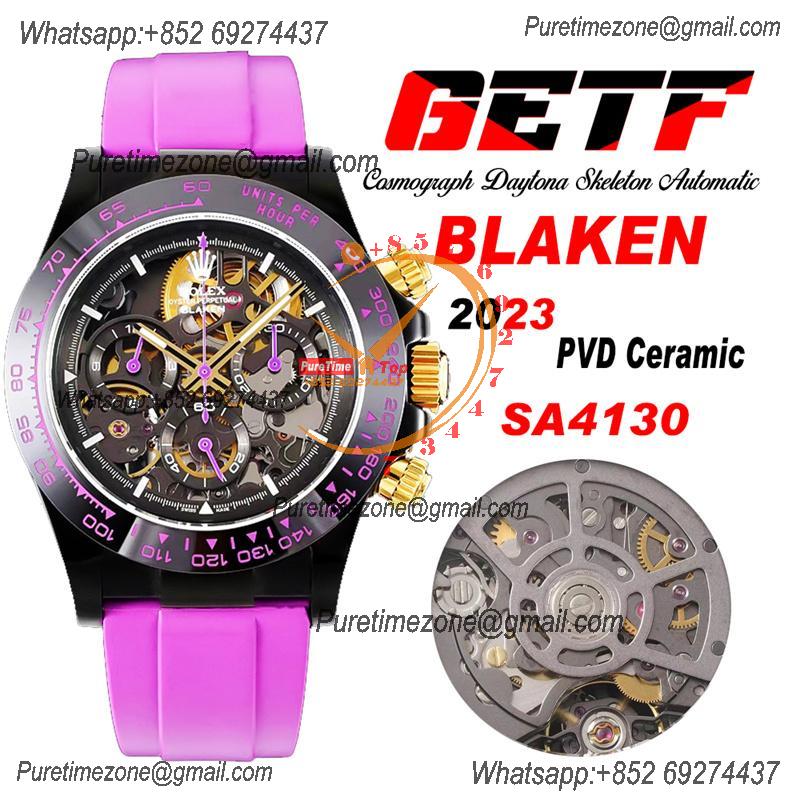 Daytona Blaken SA4130 Automatic Chronograph Mens Watch Best Edition GETF Carbon Bezel Skeleton Gold Dial Purple Rubber