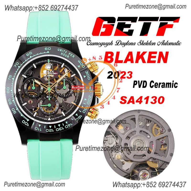 Daytona Blaken SA4130 Automatic Chronograph Mens Watch Best Edition GETF Carbon Bezel Skeleton Gold Dial Green Rubber