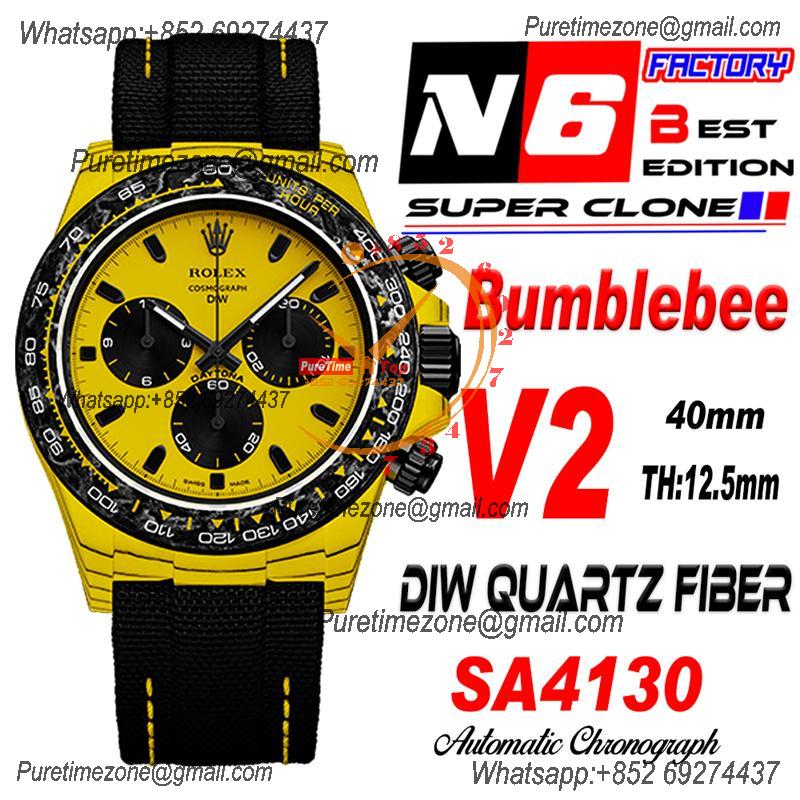 Daytona DIW Yellow Carbon Bumblebee SA4130 Autoamtic Chronograph Mens Watch Best Edition N6F V2 Yellow/Black Dial Nylon