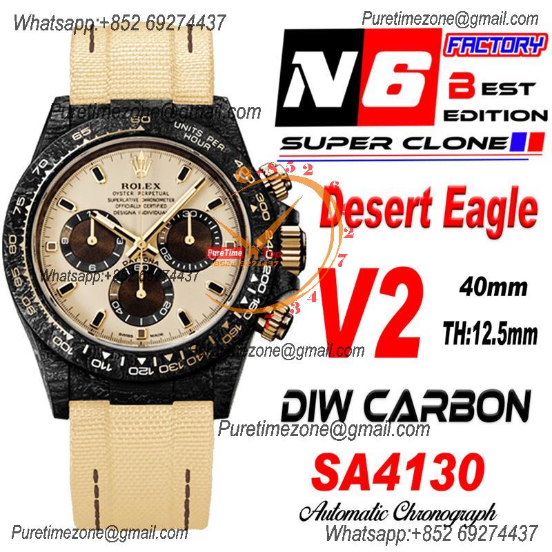 Daytona DIW Black Carbon Desert Eagle SA4130 Autoamtic Chronograph Mens Watch Best Edition N6F V2 Cream Dial Nylon