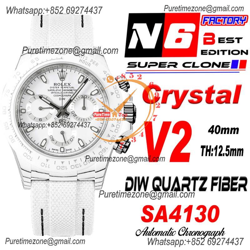 Daytona DIW White Carbon Crystal SA4130 Autoamtic Chronograph Mens Watch Best Edition N6F V2 White Dial Nylon