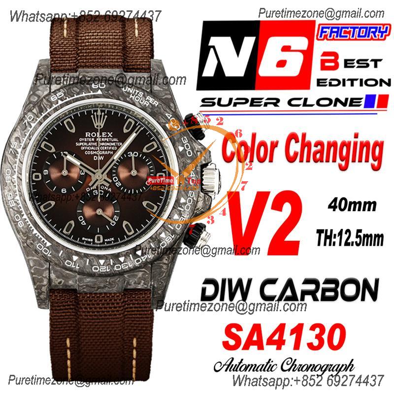 Daytona DIW Black Carbon Color Changing SA4130 Autoamtic Chronograph Mens Watch Best Edition N6F V2 Brown Dial Nylon