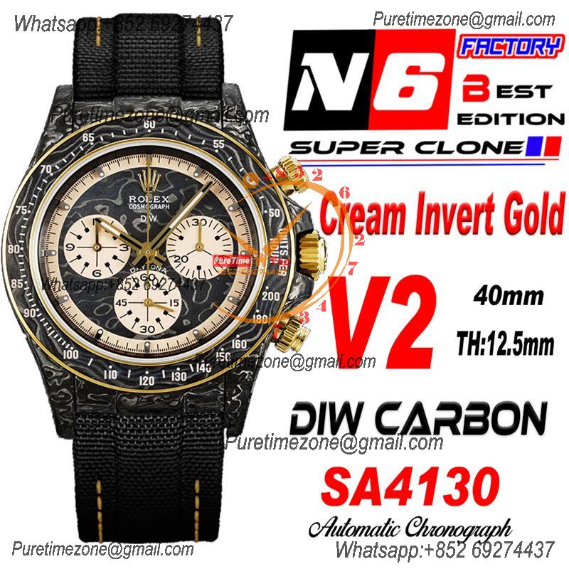 Daytona DIW Black Carbon Color Cream Invert Gold SA4130 Autoamtic Chronograph Mens Watch Best Edition N6F V2 Black Dial