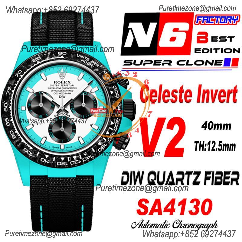 Daytona DIW Blue Carbon Celeste Invert SA4130 Autoamtic Chronograph Mens Watch Best Edition N6F V2 White Dial Nylon