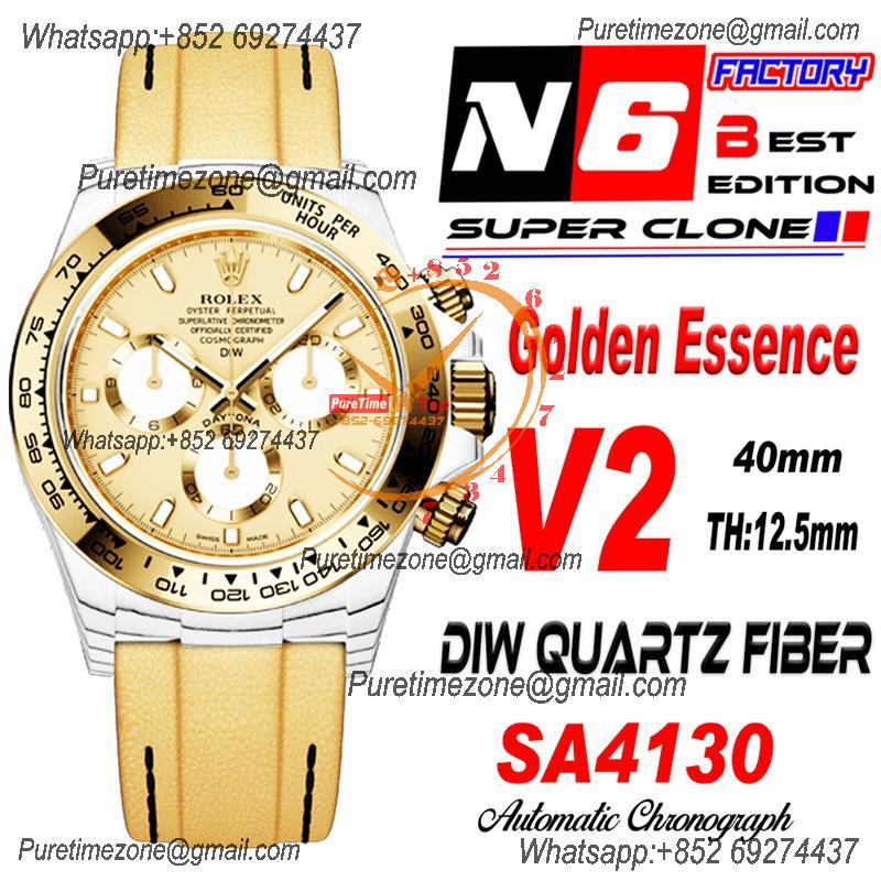 Daytona DIW White CarbonGolden Essence SA4130 Autoamtic Chronograph Mens Watch Best Edition N6F V2 Gold Dial Nylon