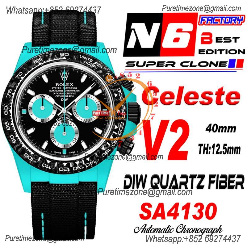 Daytona DIW Blue Carbon Celeste SA4130 Autoamtic Chronograph Mens Watch Best Edition N6F V2 Black Dial Nylon