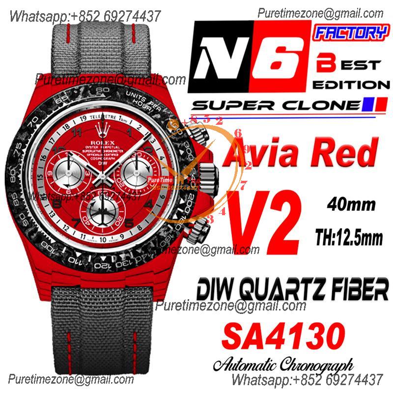 Daytona DIW Red Carbon Avia Red SA4130 Autoamtic Chronograph Mens Watch Best Edition N6F V2 Red Dial Nylon