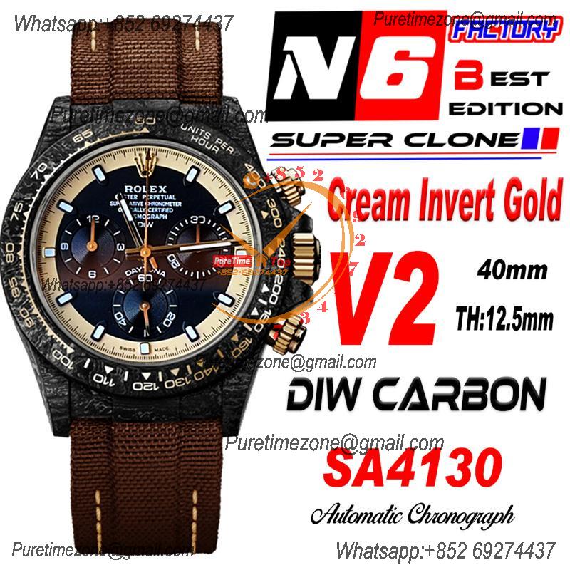 Daytona DIW Black Carbon Cream Invert Gold SA4130 Autoamtic Chronograph Mens Watch Best Edition N6F V2 Black Dial Nylon