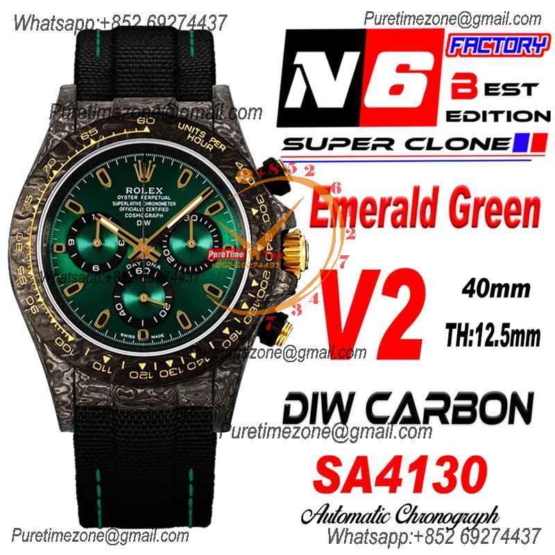 Daytona DIW Black Carbon Emerald Green SA4130 Autoamtic Chronograph Mens Watch Best Edition N6F V2 Green Dial Nylon