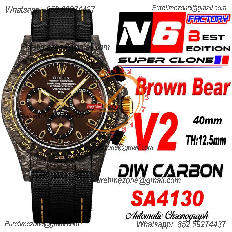 Daytona DIW Black Carbon Brown Bear SA4130 Autoamtic Chronograph Mens Watch Best Edition N6F V2 Brown Dial Nylon