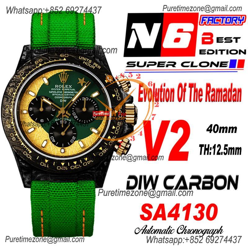 Daytona DIW Black Carbon Evolution Of The Ramadan SA4130 Autoamtic Chronograph Mens Watch Best Edition N6F V2 Green Dial