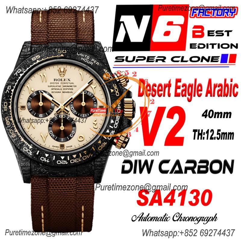 Daytona DIW Black Carbon Desert Eagle Arabic SA4130 Autoamtic Chronograph Mens Watch Best Edition N6F V2 Gold Dial Nylon