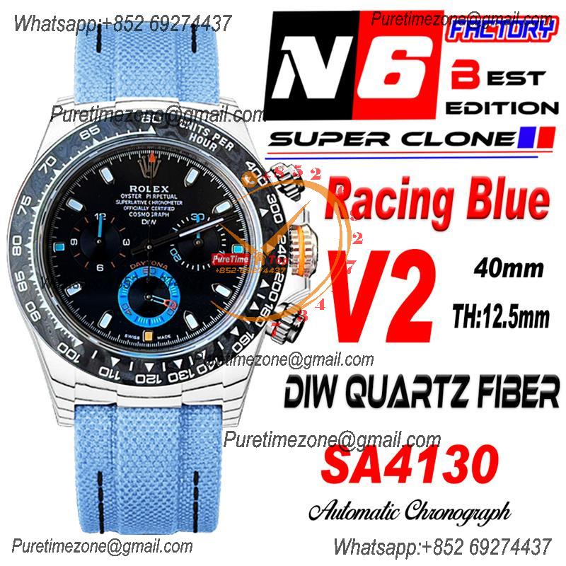 Daytona DIW White Carbon Racing Blue SA4130 Autoamtic Chronograph Mens Watch Best Edition N6F V2 White Dial Nylon