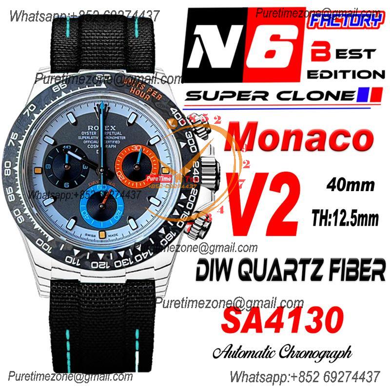 Daytona DIW White Carbon Monaco SA4130 Autoamtic Chronograph Mens Watch Best Edition N6F V2 Black Dial Nylon