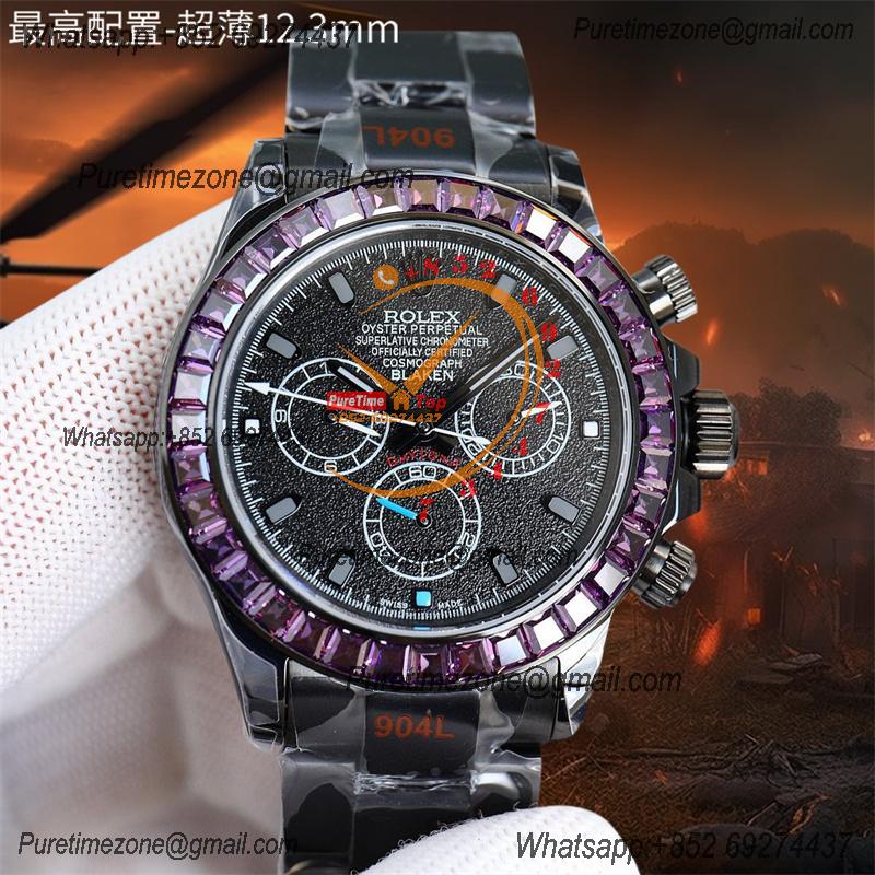 Daytona Blaken A7750 Automatic Chrono Mens Watch Best Edition BLAKENF Purple Diamond Bezel PVD Steel All Black Dial CHS