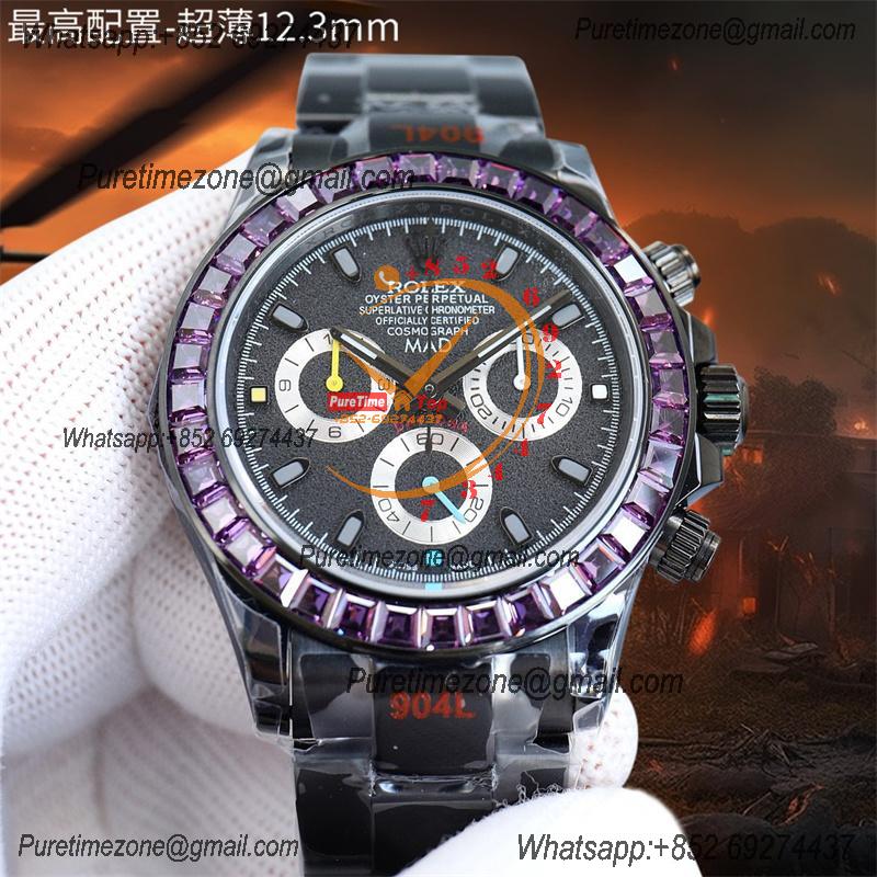 Daytona Blaken A7750 Auto Chrono Mens Watch Best Edition BLAKENF Purple Diamond Bezel PVD Steel All Black Silver Dial