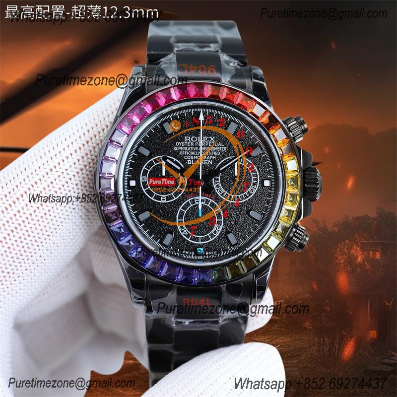 Daytona Blaken A7750 Automatic Chrono Mens Watch Best Edition BLAKENF Rainbow Diamond Bezel PVD Steel All Black Dial CHS