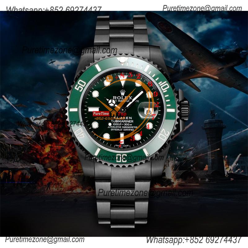 Submariner BLAKEN A3135 Automatic Mens Watch Best Edition BLAKENF 40 PVD Steel All Black Green Dial Oyster Steel Bracele