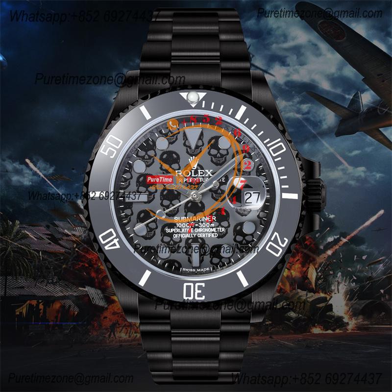 Submariner BLAKEN A3135  Automatic Mens Watch Best Edition BLAKENF 40 PVD Steel All Black Skull Dial Oyster SS Bracelet