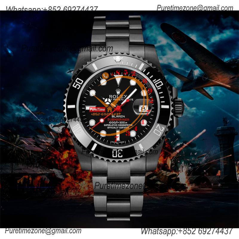 Submariner BLAKEN A3135  Automatic Mens Watch Best Edition BLAKENF 40 PVD Steel All Black Dial Oyster SS Bracelet CHS