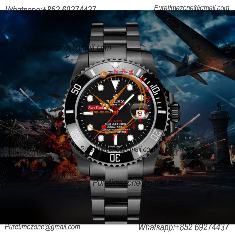 Submariner BLAKEN A3135  Automatic Mens Watch Best Edition BLAKENF 40 PVD Steel All Black Red Dial Oyster SS Bracelet CH