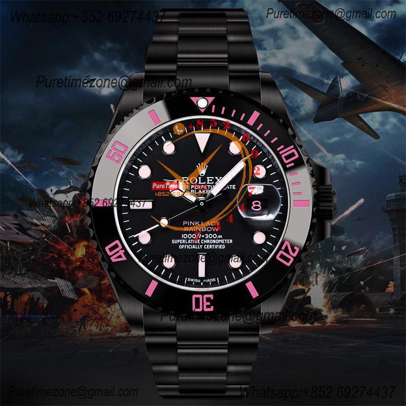 Submariner BLAKEN A3135 Automatic Mens Watch Best Edition BLAKENF 40 PVD Steel All Black Pink Dial Oyster SS Bracelet