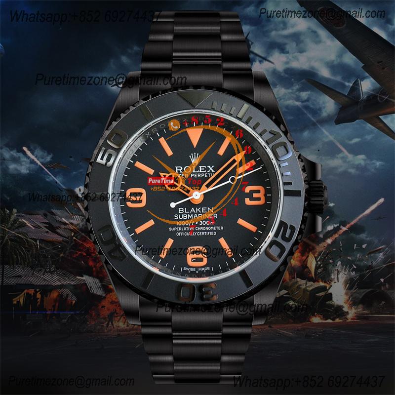 Submariner BLAKEN A3135 Auto Mens Watch Best Edition BLAKENF 40 PVD Steel All Black Orange Dial Oyster SS Bracelet CHS