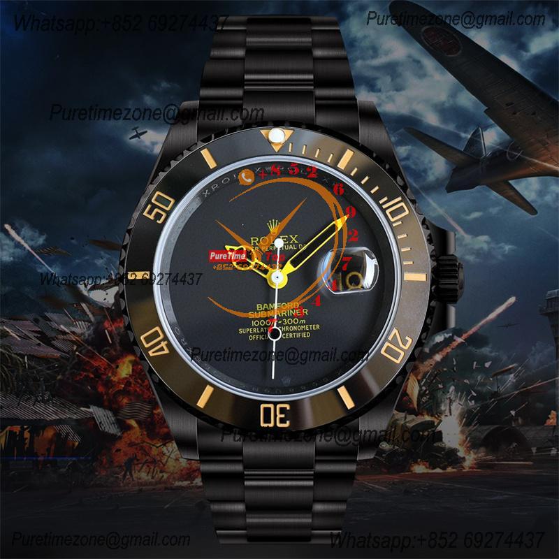 Submariner BLAKEN A3135 Automatic Mens Watch Best Edition BLAKENF 40 PVD Steel All Black Yellow Dial Oyster SS Bracelet 