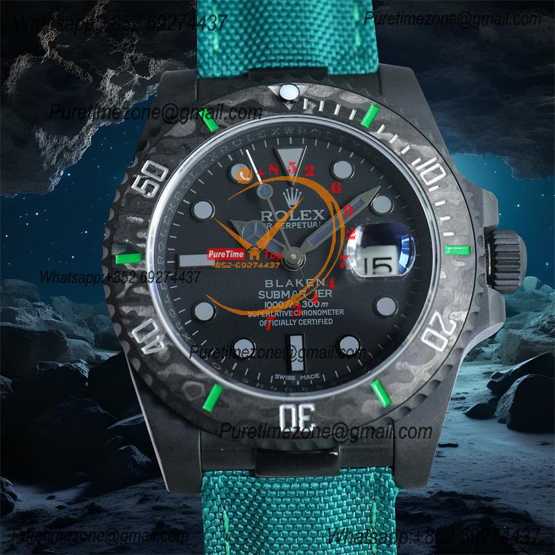 Submariner BLAKEN Forged Carbon  A3135 Automatic Mens Watch Best Edition BLAKENF 40 Black Dial Green Nylon CHS