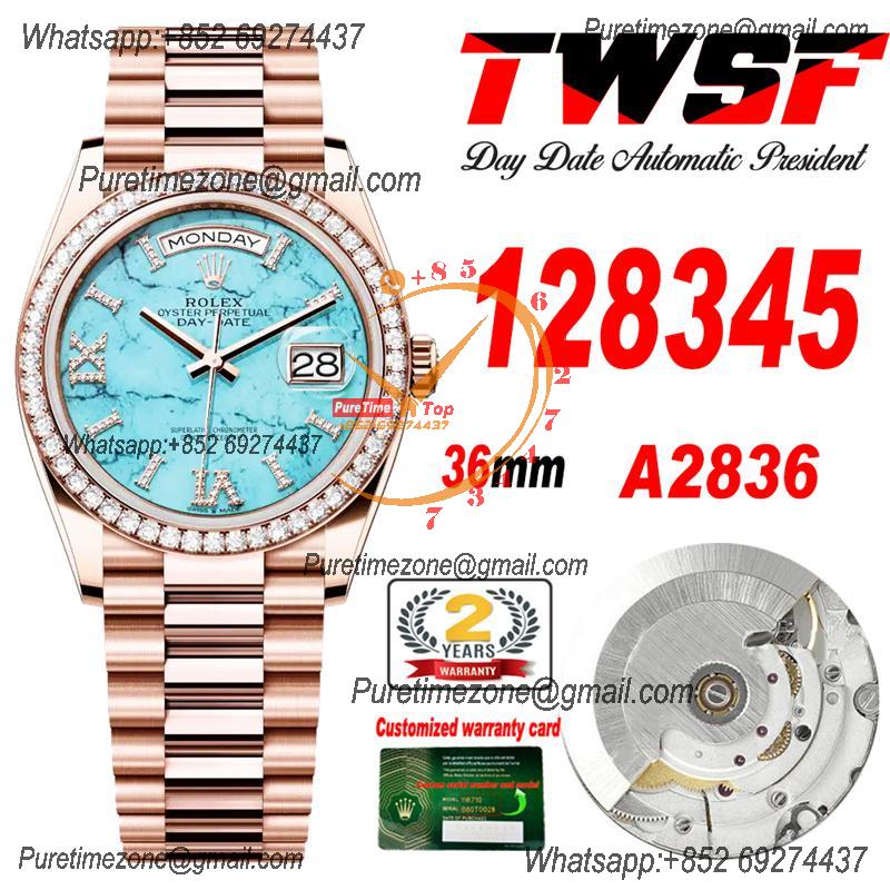 DayDate 36 128345 A2836 Automatic Womens Watch Best Edition TWSF RG Diamonds Bezel Turquoise Dial President Bracelet CHS